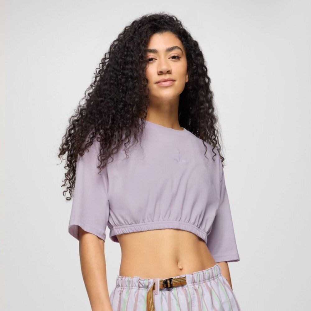 NWT prAna Ninety Three Cinch Tee Cropped Short Sleeve in Luminous Lavender Sz M